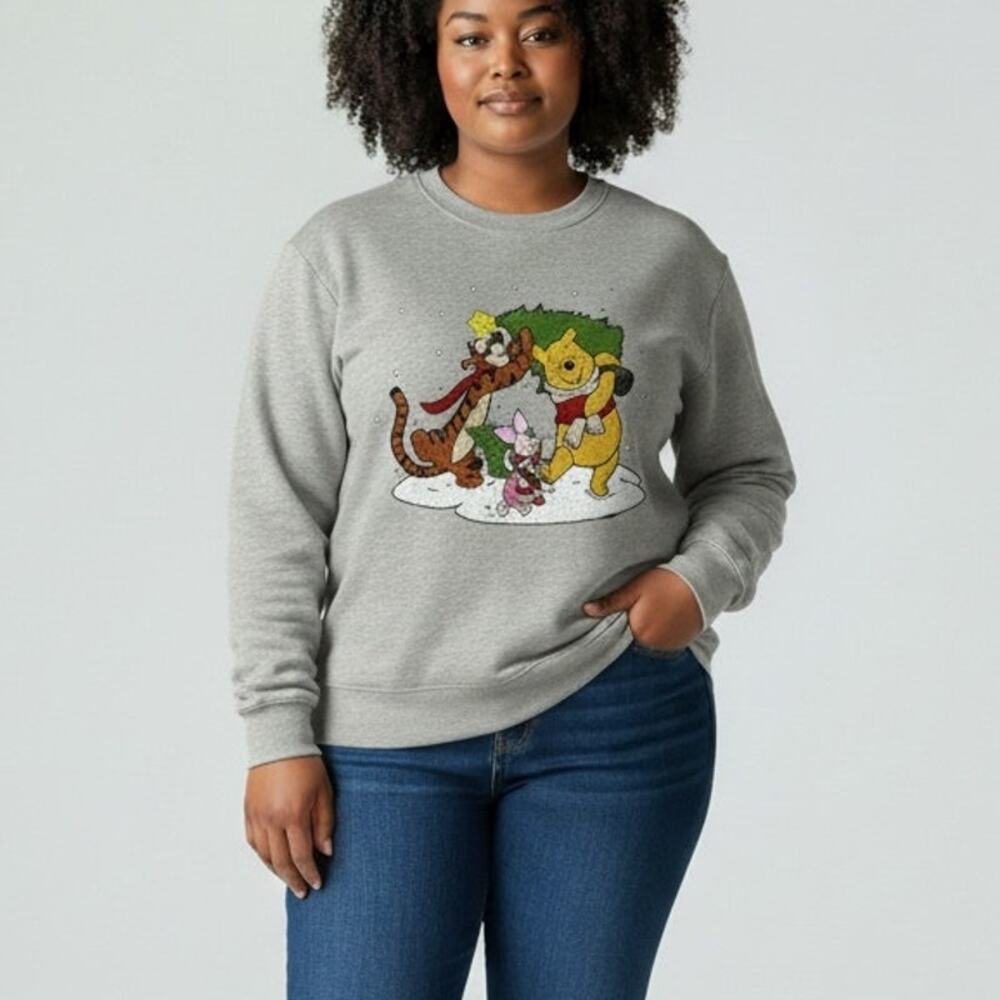 Disney Winnie The Pooh Embroidered Holiday Sweatshirt NWOT Women's Sz 2X Gray